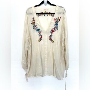 Johnny Was Ivory Floral Embroidered Tunic Top Womens  Cupra Sheer 2X